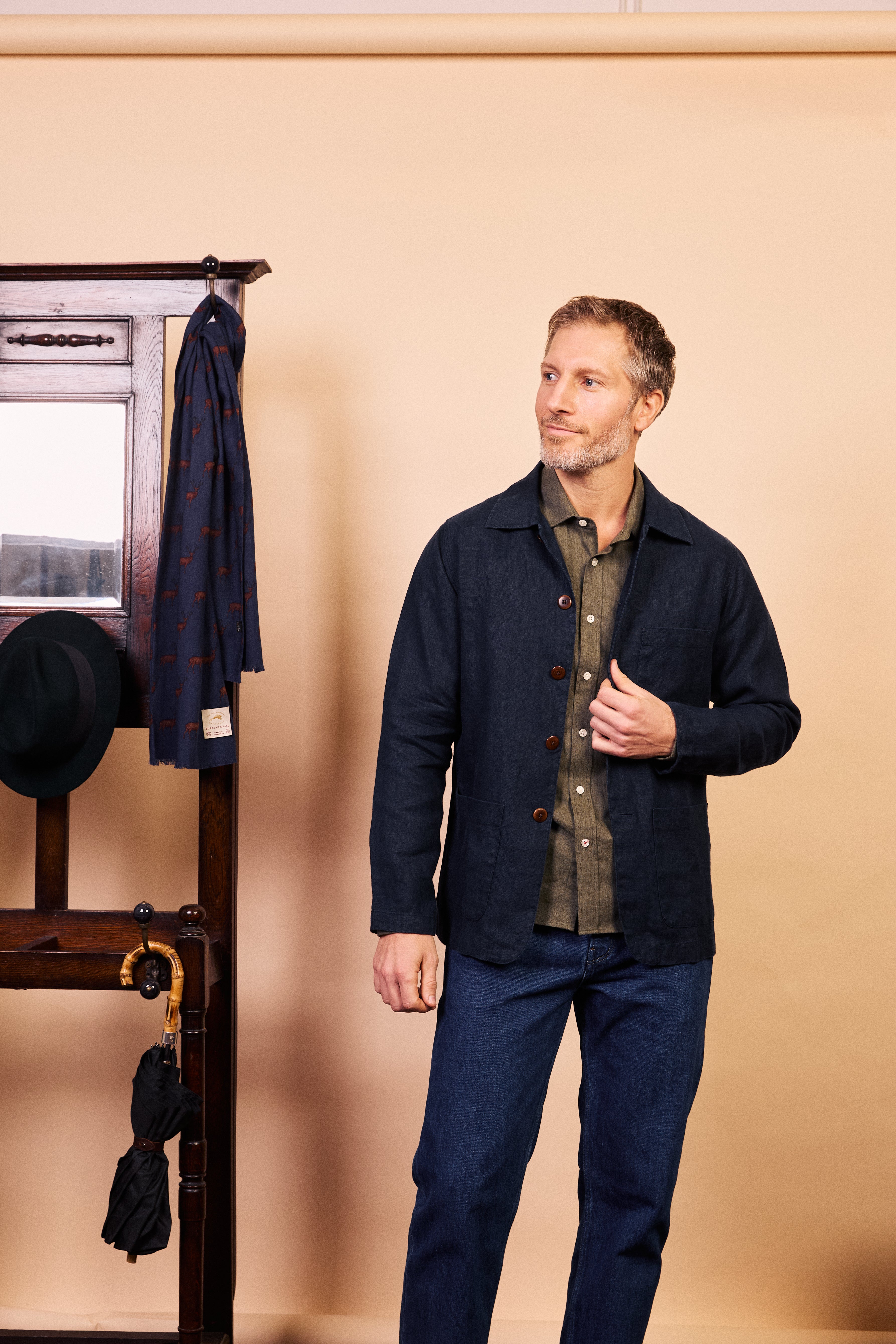 Linen Iffley Jacket Navy - front | Burrows & Hare