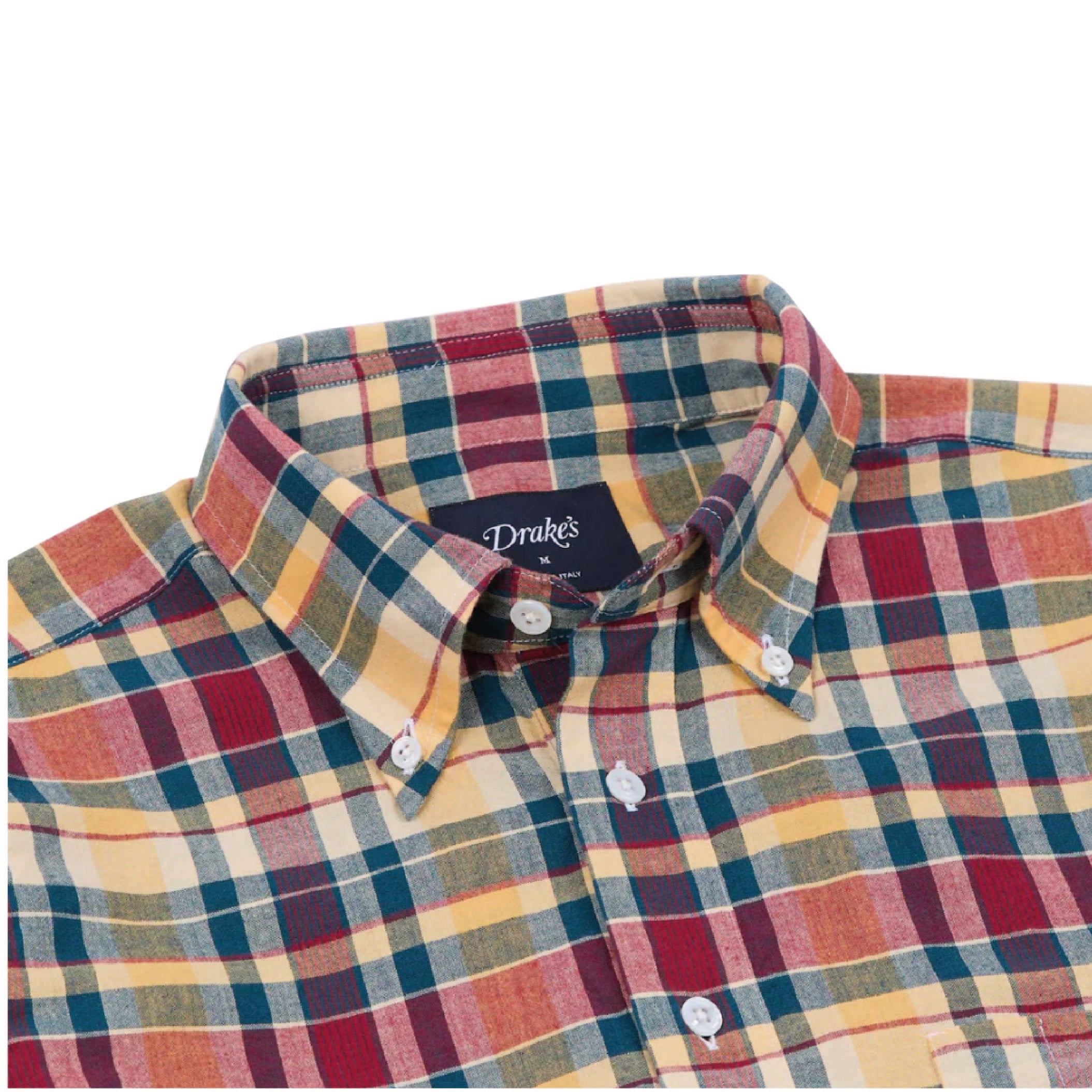 Madras Check Cotton Button-Down Popover Shirt - Navy, Yellow & Red