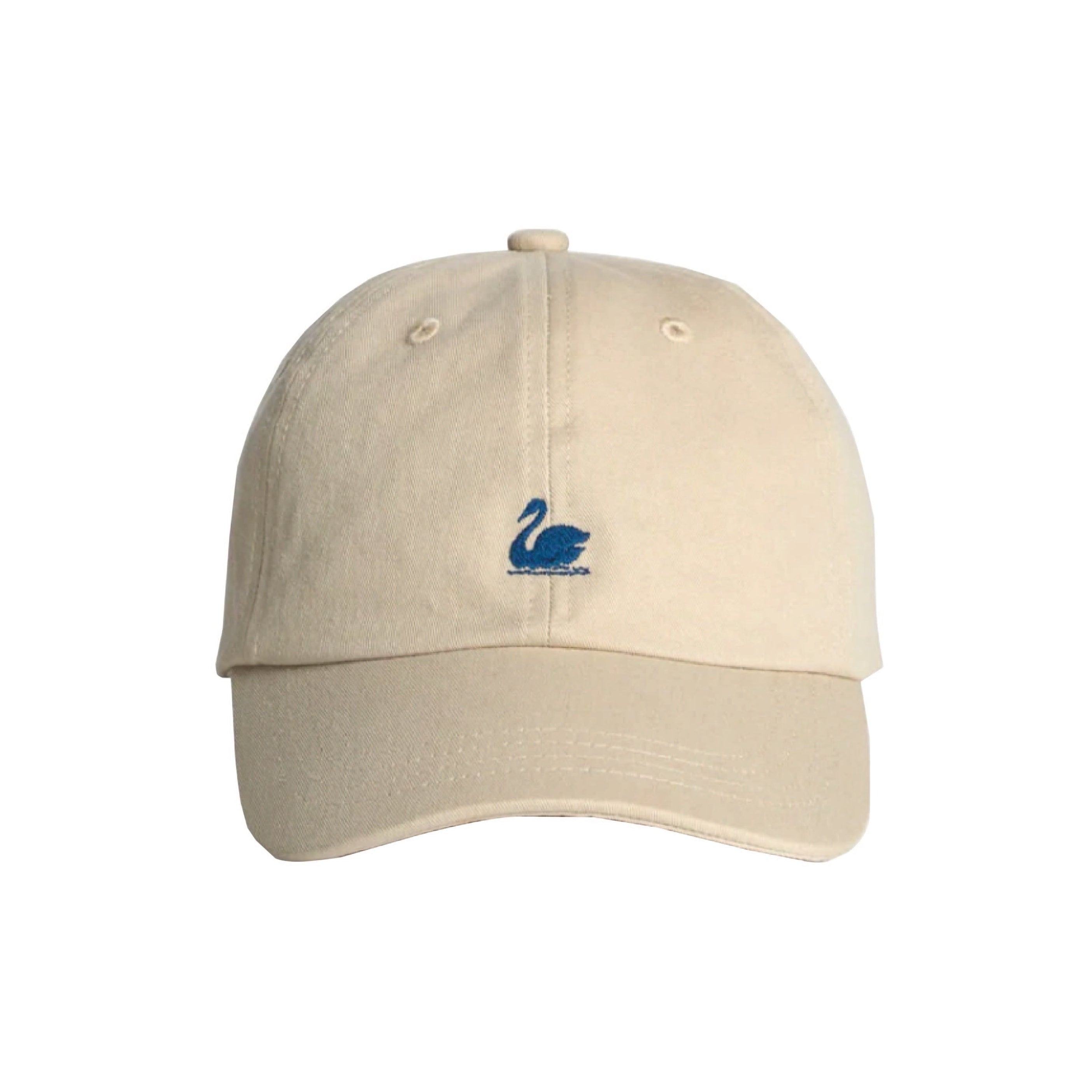 Merz b. Schwanen Swan Logo Cotton Twill Cap in Light Khaki/Deep Blue – front view