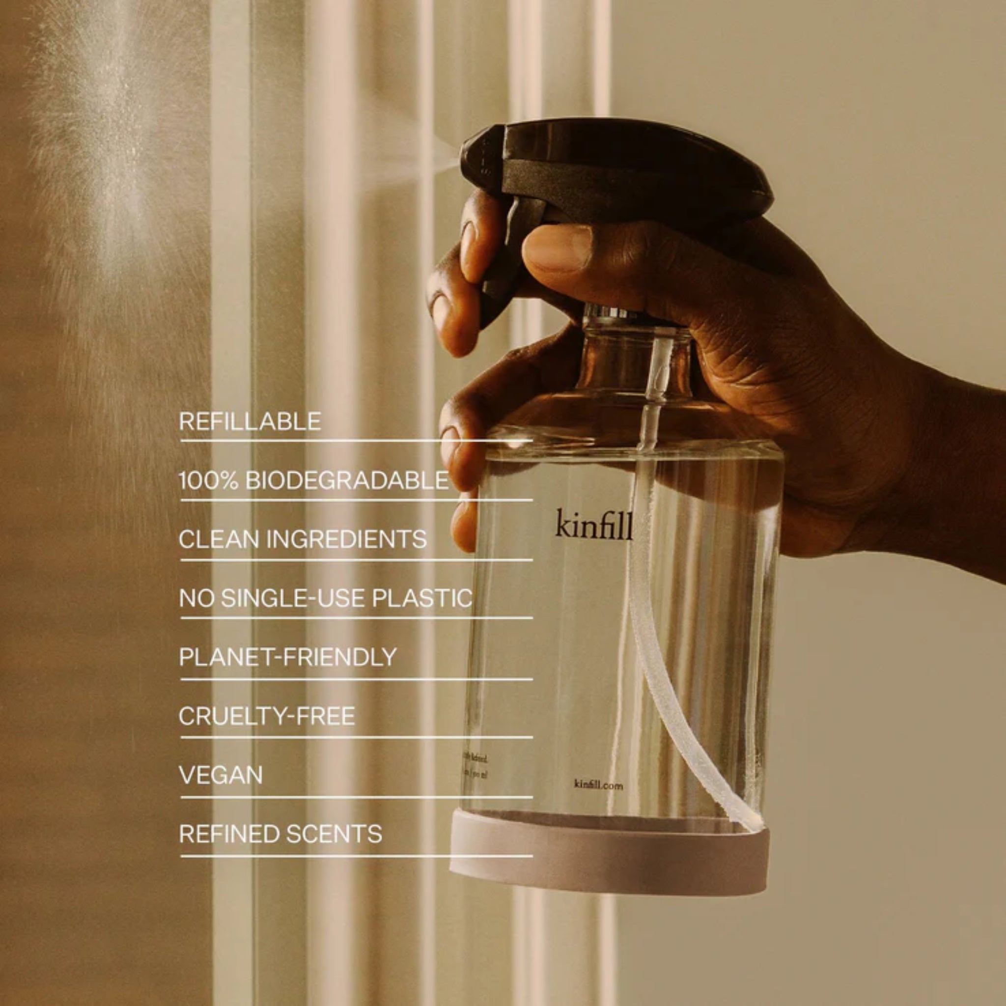 Kinfill concentrated cleaner refills with Ambrette scent for glass and mirrors.