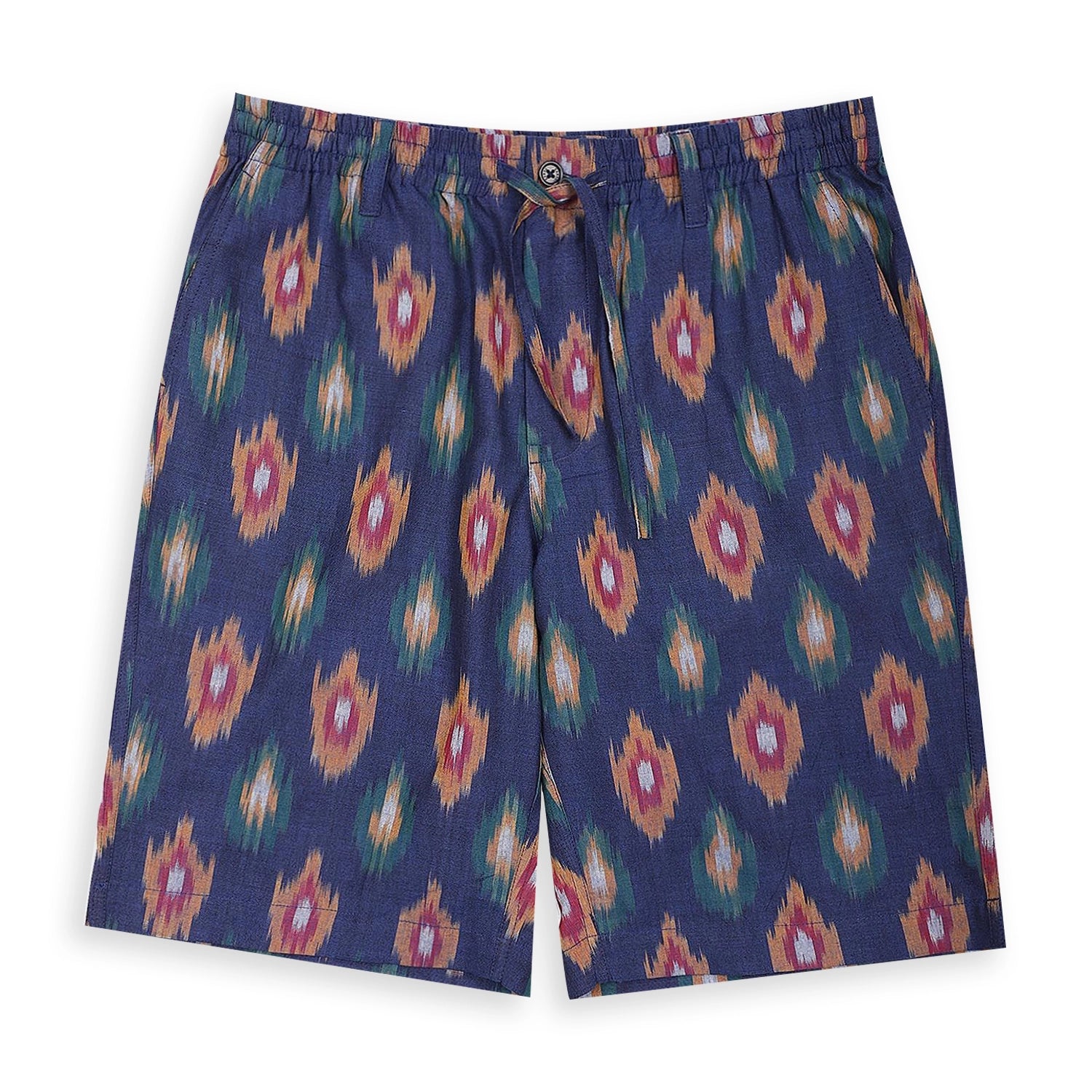 Sid Drawstring Shorts by Kardo in handloom cotton, featuring an Ikat navy design.