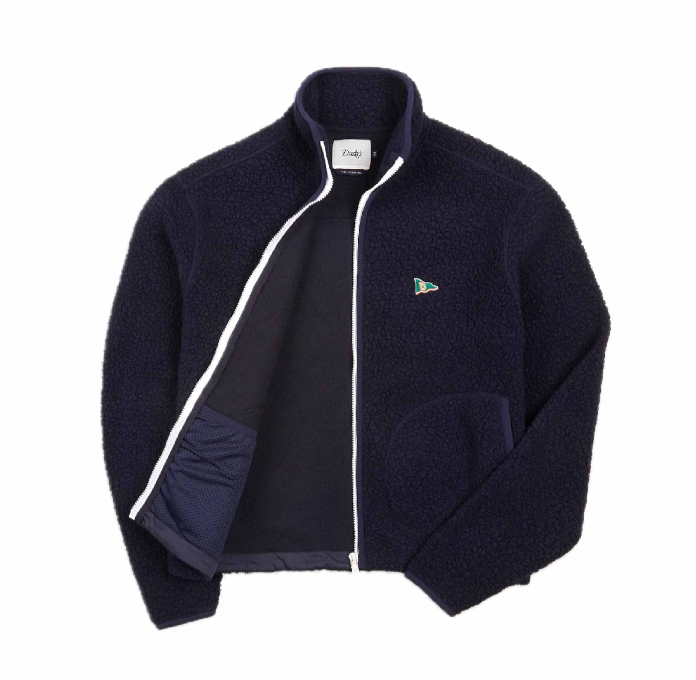 Navy Boucle Wool Zip Fleece Jacket
