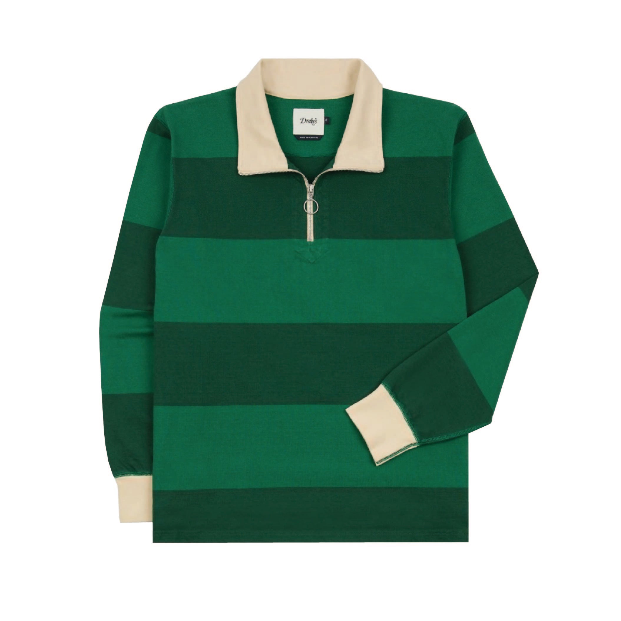 Block Stripe Cotton Quarter Zip Rugby Shirt - Green