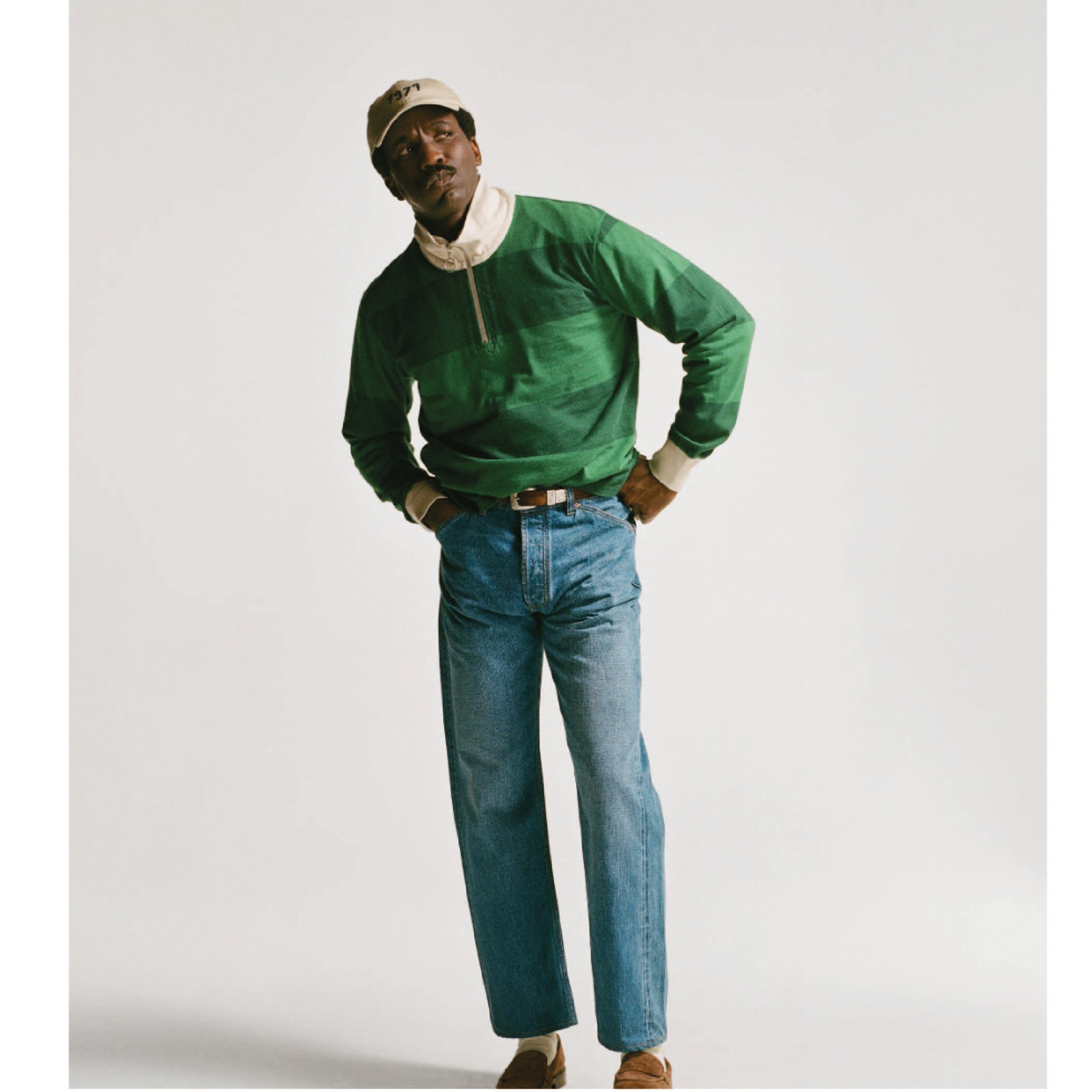 Block Stripe Cotton Quarter Zip Rugby Shirt - Green