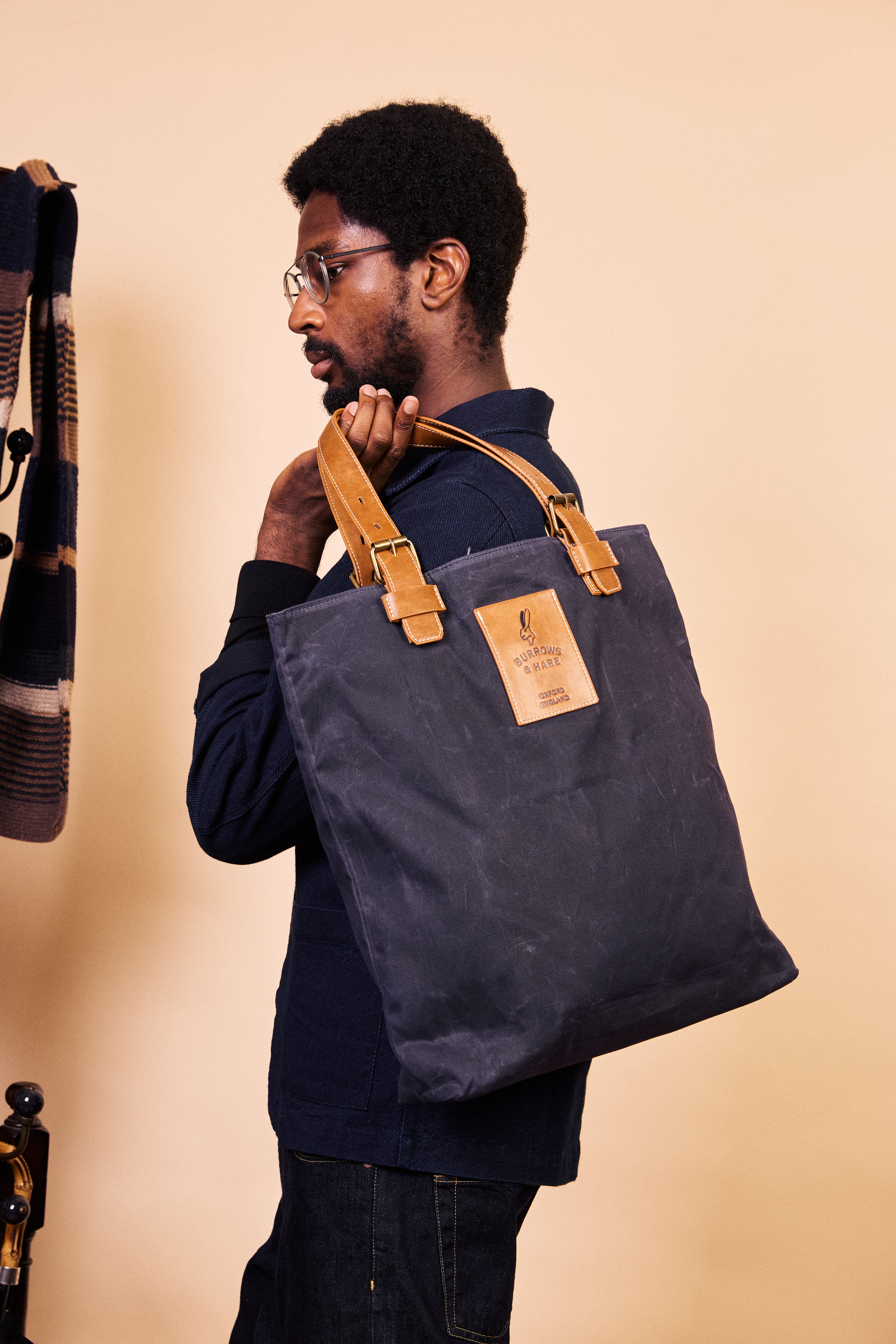 Waxed Cotton Canvas Tote Bag - Navy