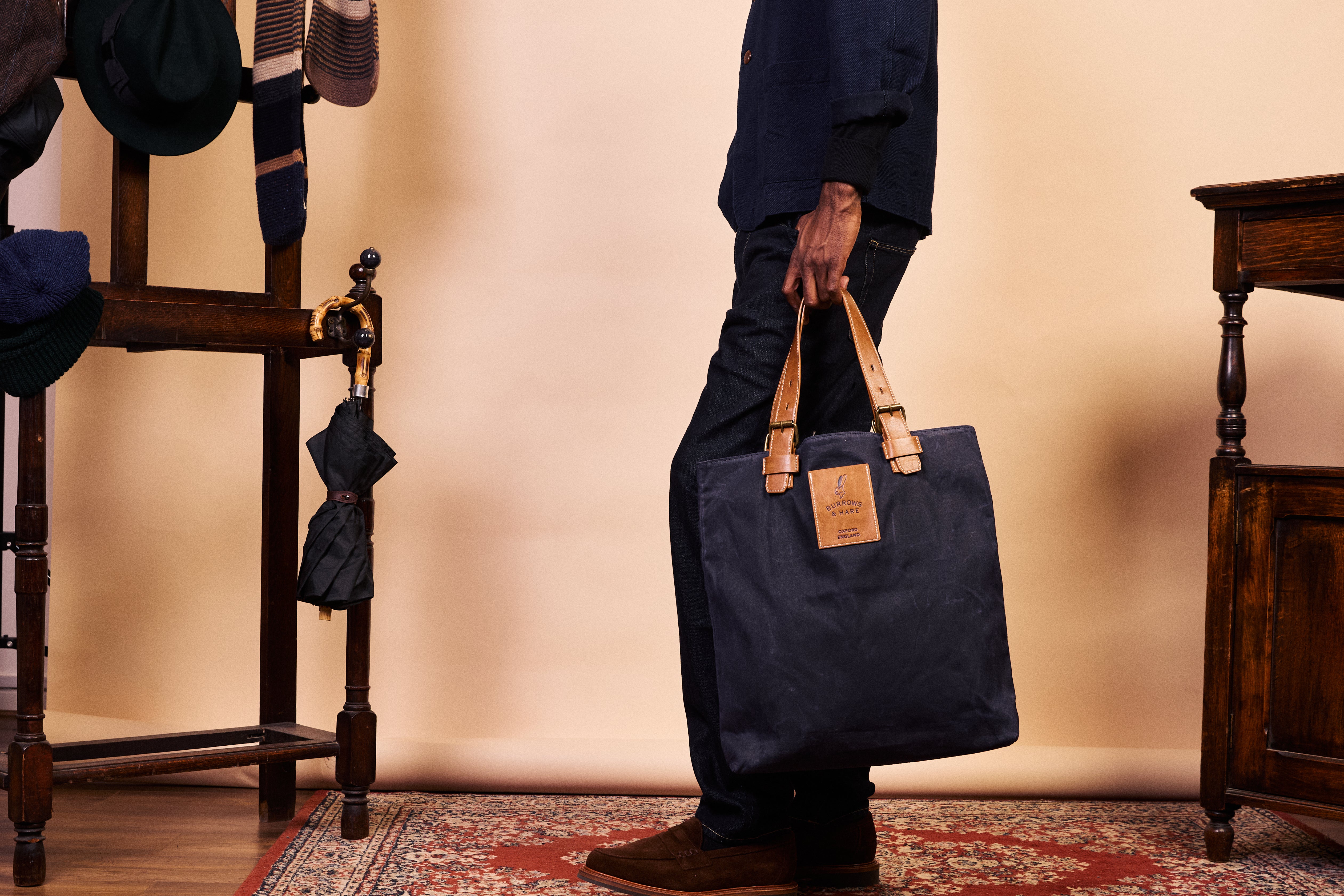 Waxed Cotton Canvas Tote Bag - Navy