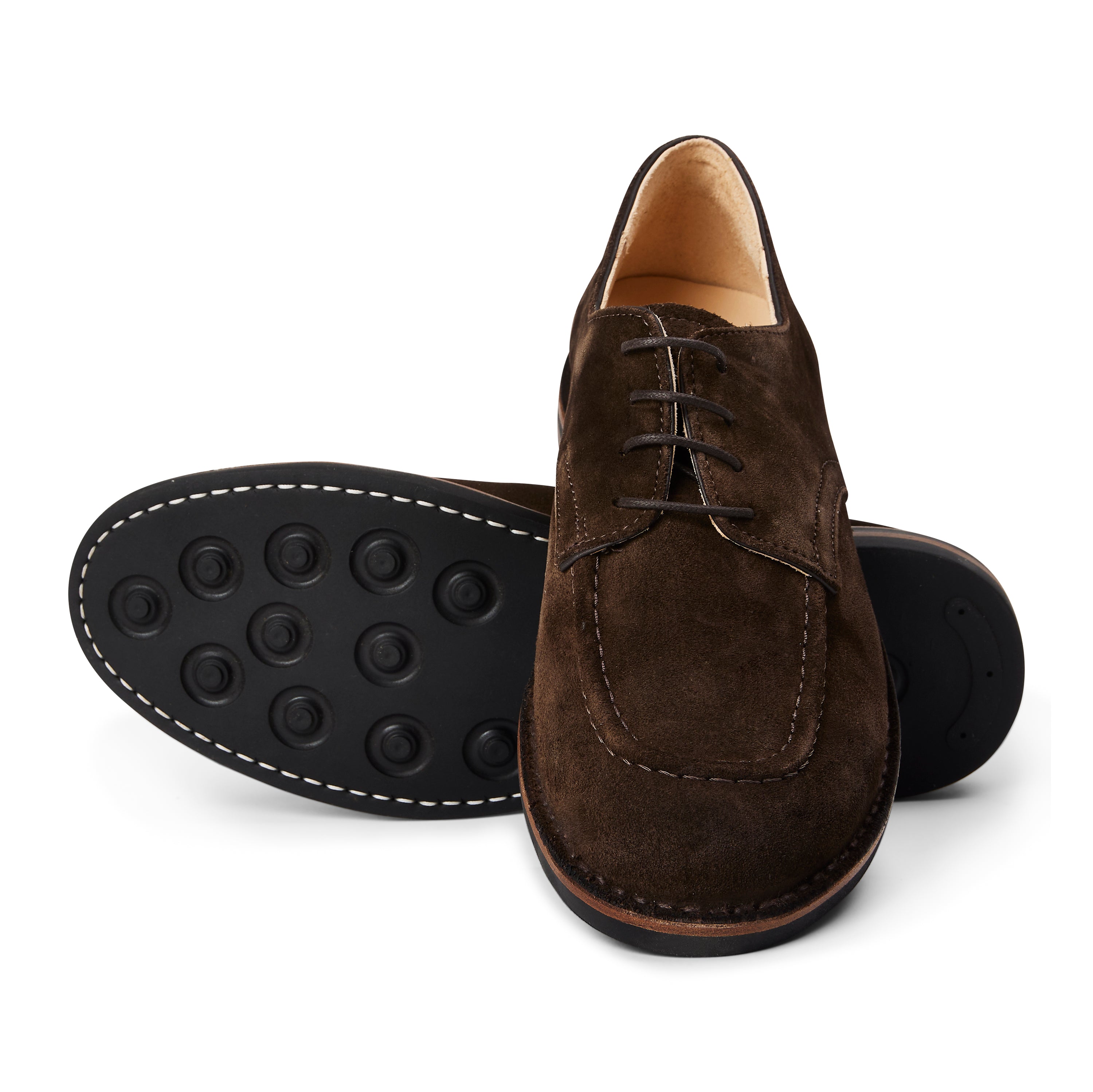 Moc-toe derby design in dark chestnut suede, Astorflex boot with a studded rubber sole.