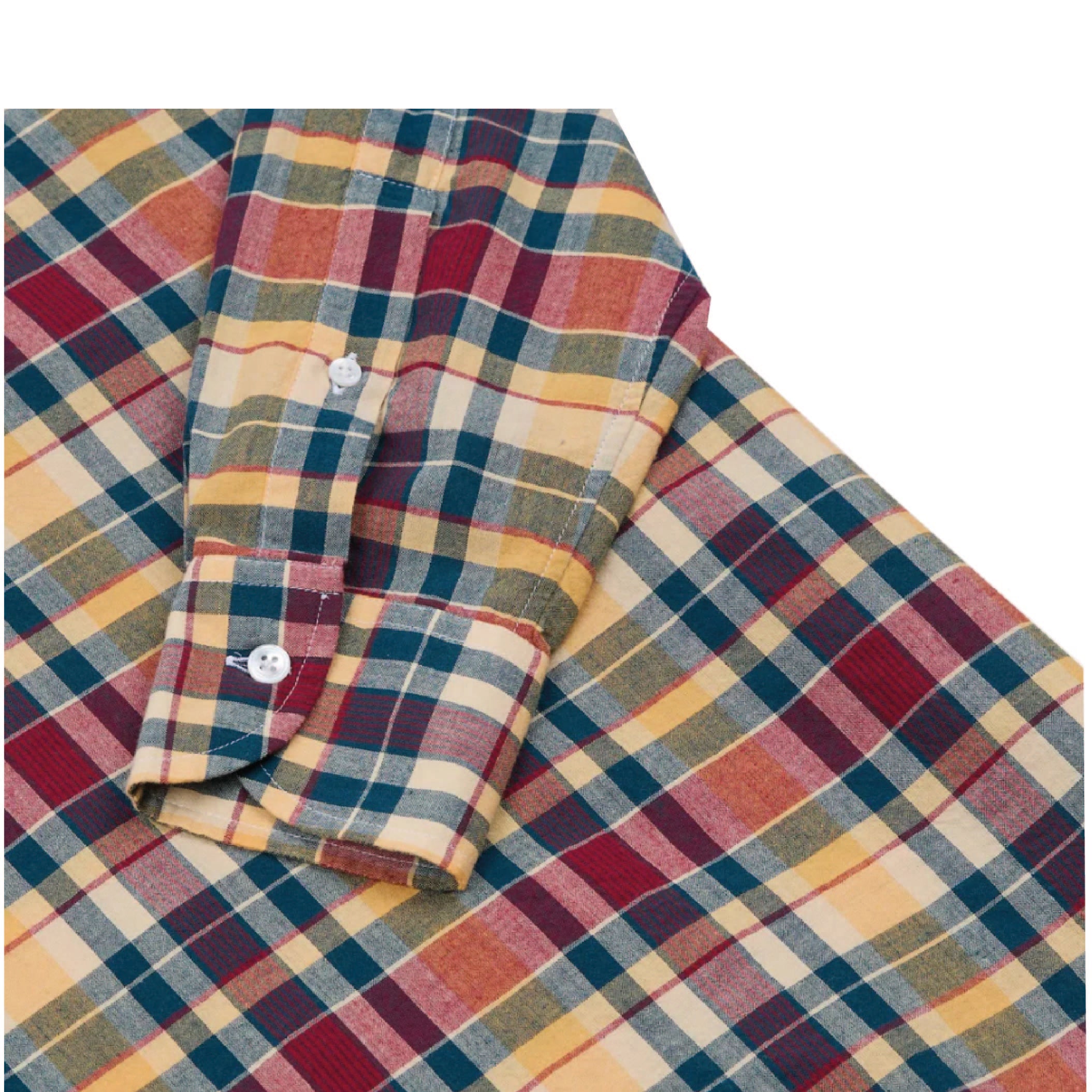 Madras Check Cotton Button-Down Popover Shirt - Navy, Yellow & Red