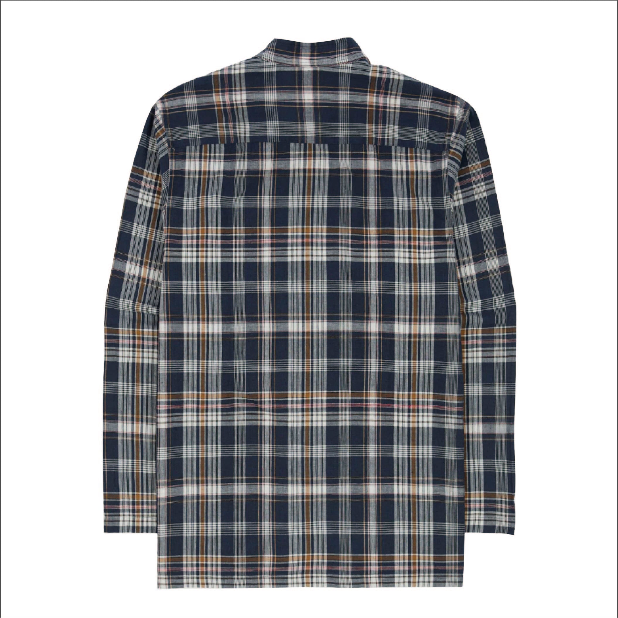 Madras Check Cotton Mandarin Collar Popover Shirt - Navy, White & Yellow