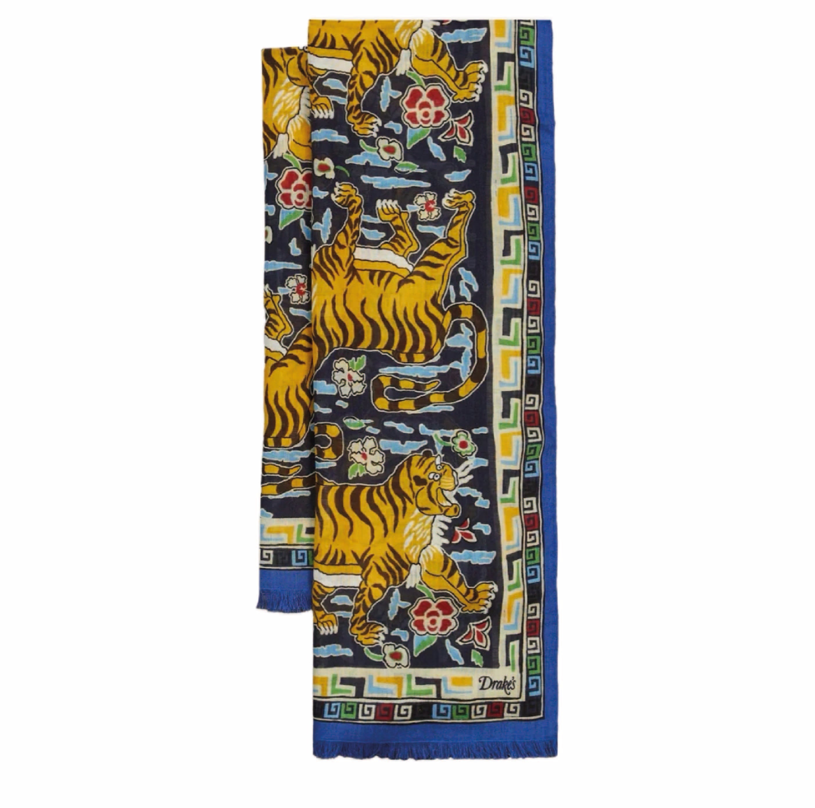 Blue Jumbo Tiger Print Wool-Silk Scarf