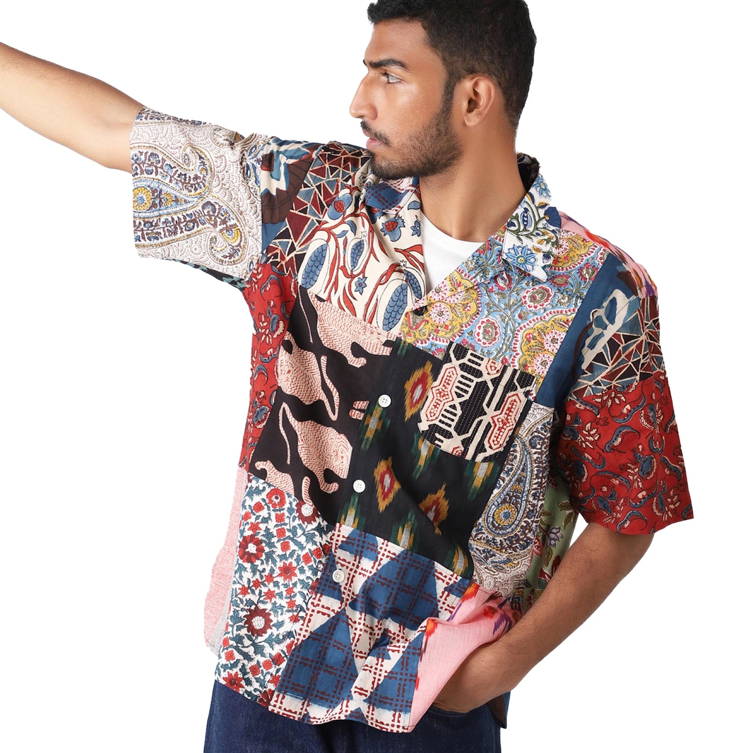 Ronen Oversized Camp Collar Short Sleeve Shirt - Patchwork