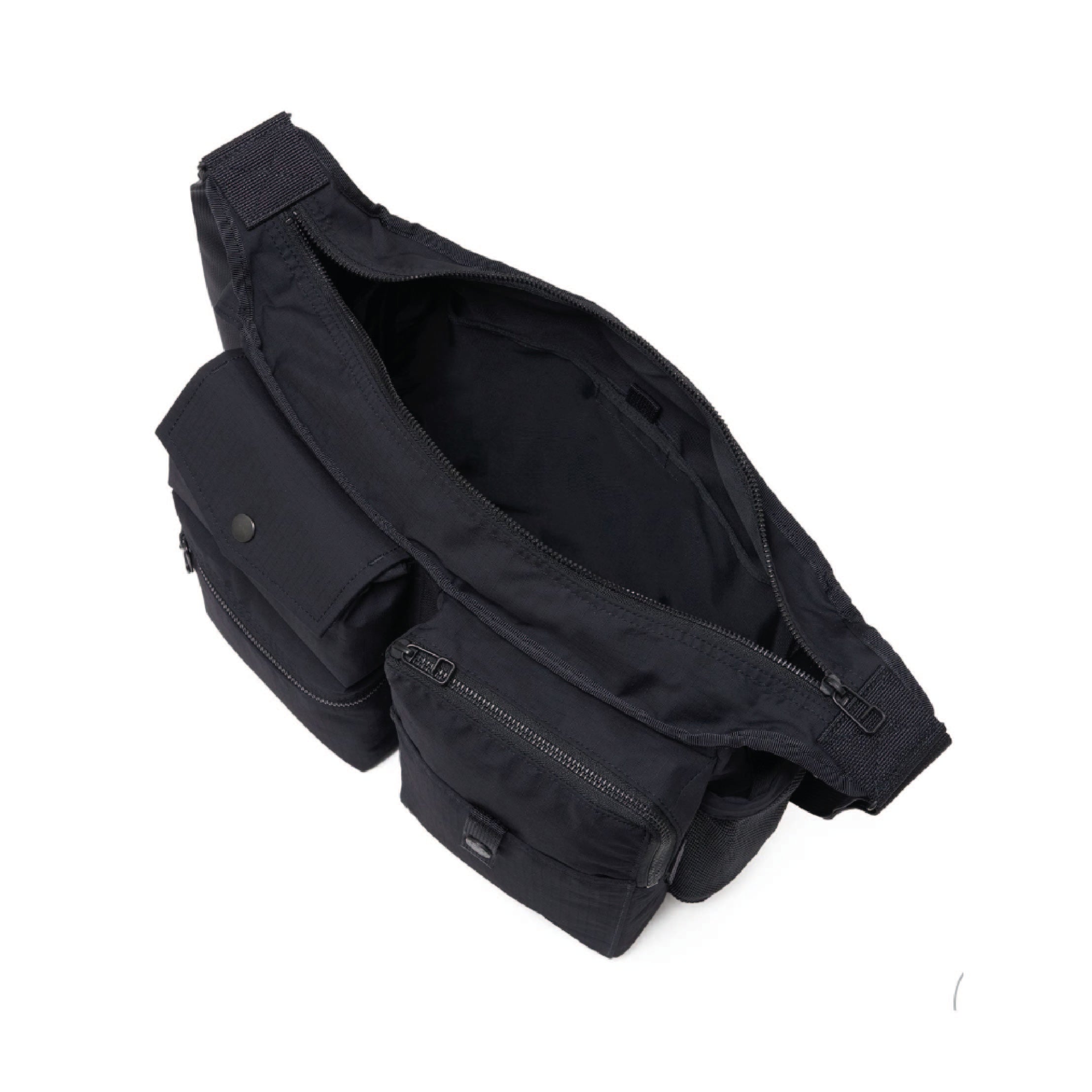 POTR / Porter Yoshida & Co. Dissection Shoulder Bag in black — side view showing depth and YKK zipper detail