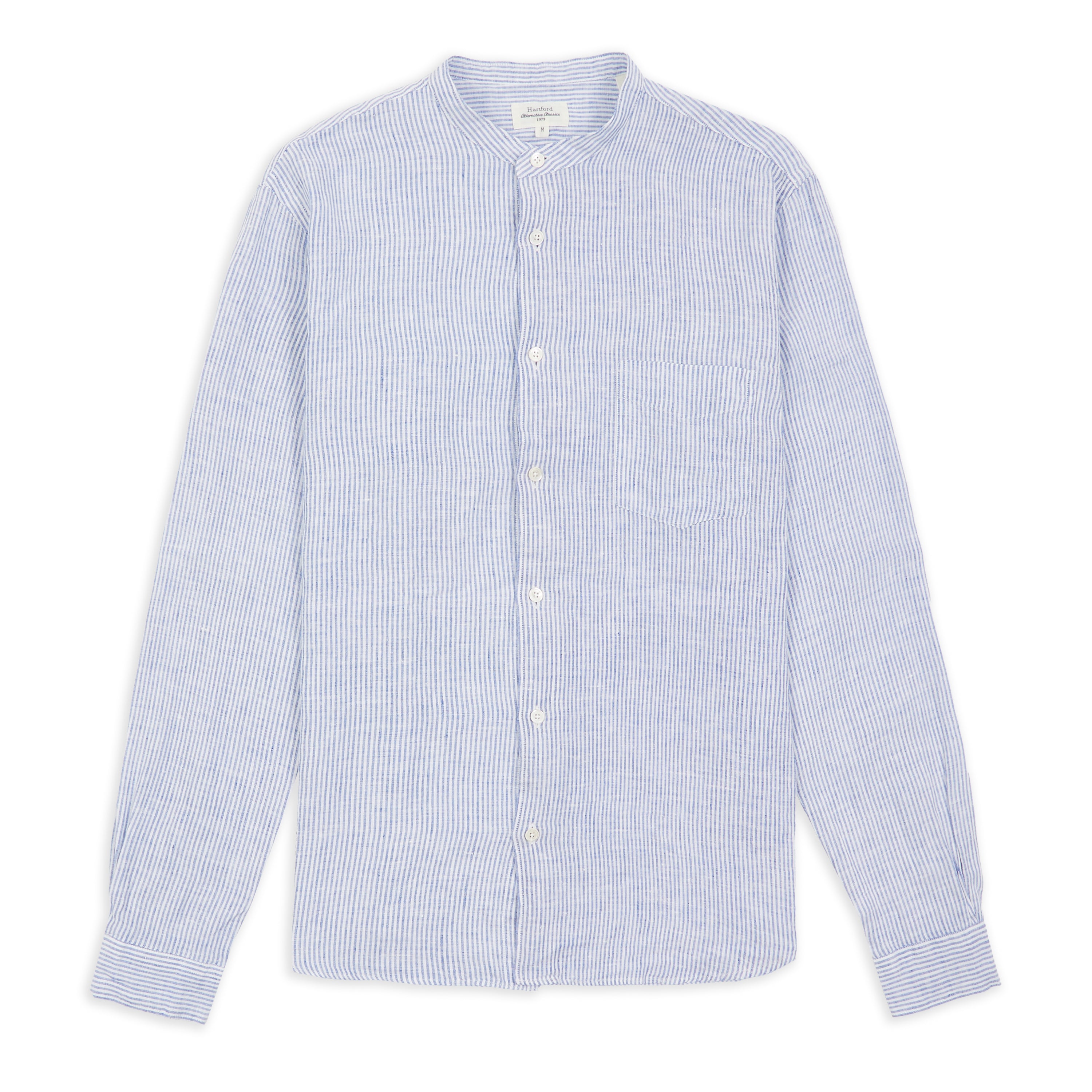 Hartford Premium Grandad Linen Stripe Shirt - Blue