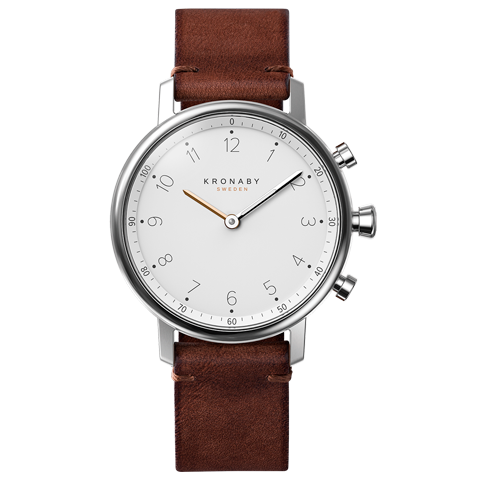 Kronaby Nord 38mm Hybrid Smartwatch - White, Dark Brown Leather - Burrows and Hare