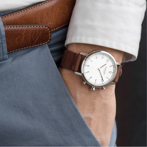 Kronaby Nord 38mm Hybrid Smartwatch - White, Dark Brown Leather - Burrows and Hare